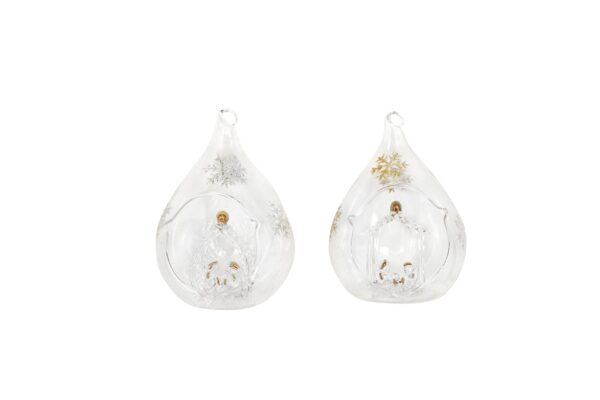 A pair of clear glass ornaments on a white background.