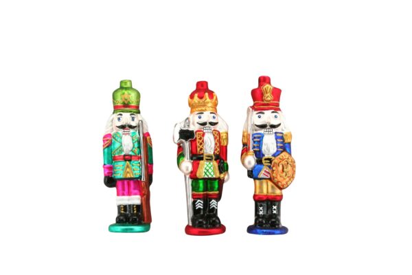 Three Colourful Glass Nutcracker - Hanging Decorations, assorted colours on a white background.