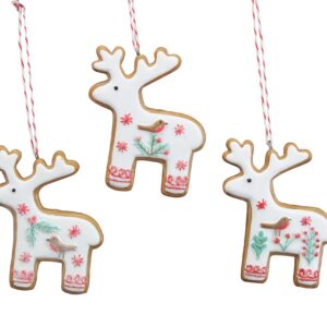 Three reindeer Christmas tree ornaments designed to look like iced gingerbread cookies. Each has a holly sprig and robin in the decoration.