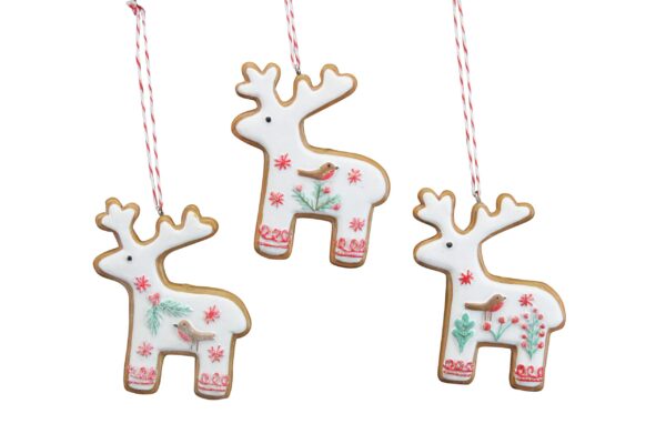 Three reindeer Christmas tree ornaments designed to look like iced gingerbread cookies. Each has a holly sprig and robin in the decoration.