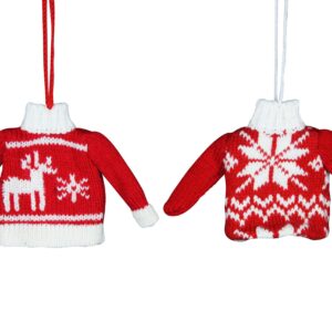 Two Red jumper tree decorations hanging on a white background, assorted designs.