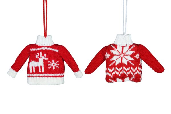 Two Red jumper tree decorations hanging on a white background, assorted designs.