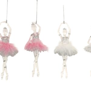 Four Glitter Ballerina with Feathered Tutu ornaments hanging from strings.