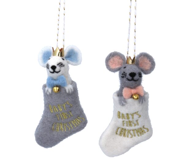 A pair of felt Baby's First Christmas Mice in Stockings. The Mouse on the left is white with blue ears and a blue bow with a gold bell and gold crown and is sitting inside a grey stocking with the words 'BABY'S FIRST CHRISTMAS' embroidered in gold thread. The Mouse on the right is grey with pink ears and a pink bow with a gold bell and gold crown and is sitting inside a white stocking with the words 'BABY'S FIRST CHRISTMAS' embroidered in gold thread.