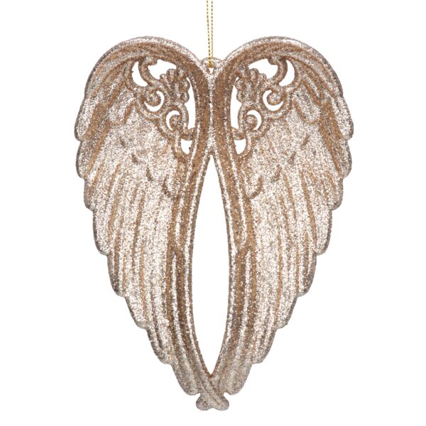 Very glittery Angel wings, tree decoration hanging on a white background.