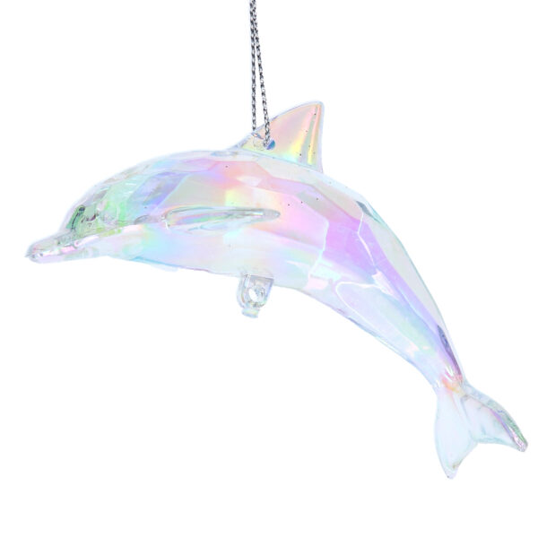 An iridescent dolphin ornament hanging from a silver string.