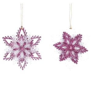 Two pink and silver layered snowflake, tree decorations hanging on a white background.