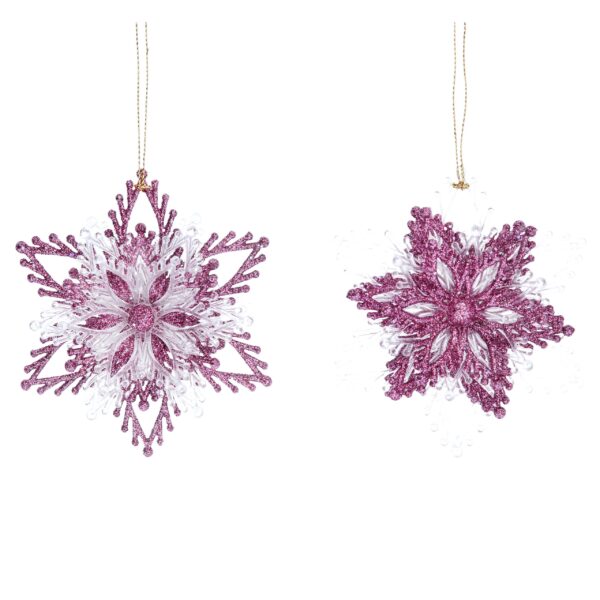 Two pink and silver layered snowflake, tree decorations hanging on a white background.