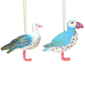 Pastel coloured Puffin and Seagull tree decorations with gold accents and pink feet.