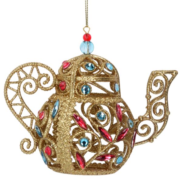 Gold Glitter Filigree Teapot Hanging Christmas Decoration with pale blue and red jewels and beads hanging on a gold string.