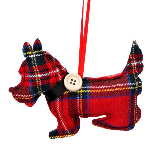 Red tartan plush Scottie dog with wooden button detail on collar hanging Christmas tree decoration.