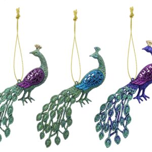 Three Very glittery Peacock tree decorations, assorted, hanging on a string.