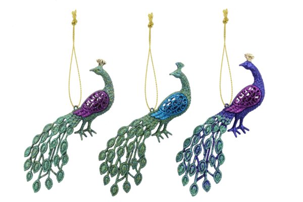 Three Very glittery Peacock tree decorations, assorted, hanging on a string.