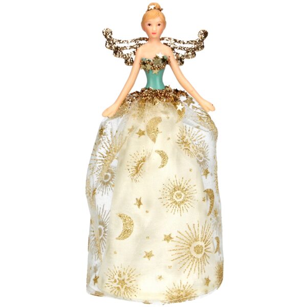 This Celestial Angel tree topper has a pale gold satin skirt with voile overlay that is printed with gold celestial suns, moons and stars. Her bodice is teal green and encrusted with gold stars and beads, her wings are also covered in gold glitter and she has a gold star in her blond hair.