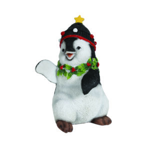 A Polyresin Festive Dancing Penguin ornament wearing a christmas hat with a holly wreath around his neck. 13.5cm