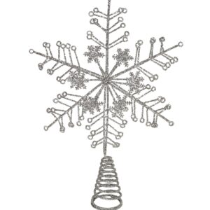 Silver Wire Snowflake Christmas Tree Topper with silver glitter detail on a conical spring for mounting on the tree.