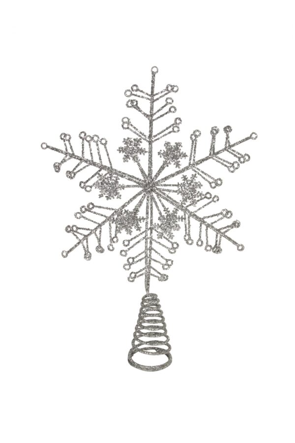 Silver Wire Snowflake Christmas Tree Topper with silver glitter detail on a conical spring for mounting on the tree.