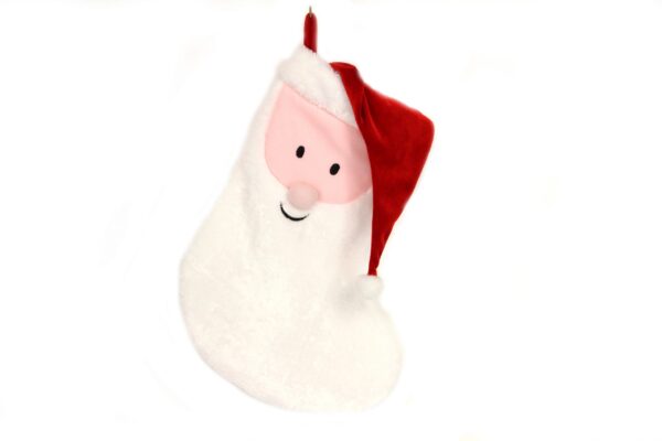 A Santa face stocking, 45cm, hanging on a white background.