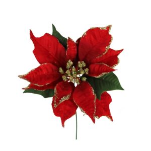 A Red Poinsettia decoration with green and red leaves with gold glitter detail on the edges and gold glitter stamen in the middle.