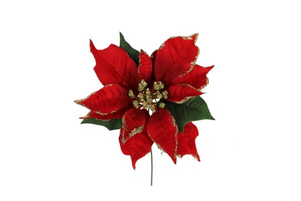 A Red Poinsettia decoration with green and red leaves with gold glitter detail on the edges and gold glitter stamen in the middle.