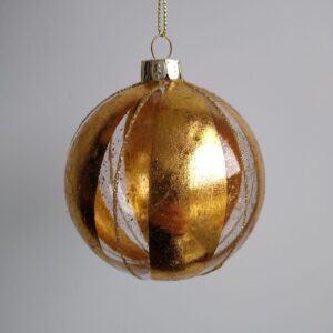 A clear glass and antique gold coloured segmented Christmas Bauble with fine Dark gold glitter stripes running through the clear segments.