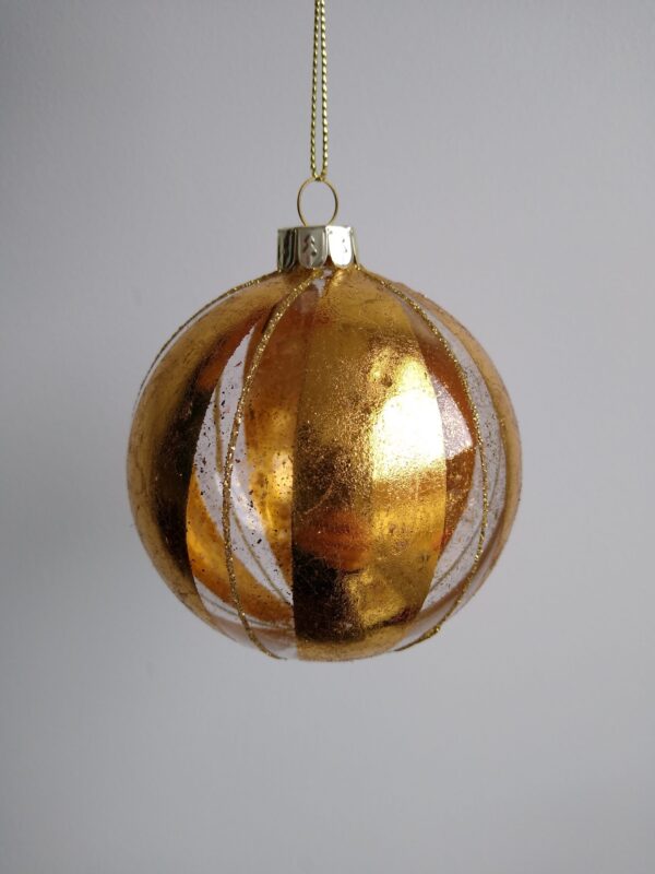 A clear glass and antique gold coloured segmented Christmas Bauble with fine Dark gold glitter stripes running through the clear segments.