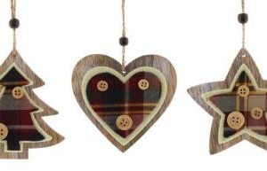 Three wooden and tartan fabric christmas tree decorations. The one on the left is in the shape of a Christmas tree and has a wooden base with a smaller tartan tree shape in the centre decorated with two beige buttons. The one in the middle is in the shape of a heart and has a wooden base with a smaller tartan heart shape in the centre decorated with three beige buttons. The one on the right is in the shape of a star and has a wooden base with a smaller tartan star shape in the centre decorated with three beige buttons. Each hangs on a hessian string with a wooden bead on it.