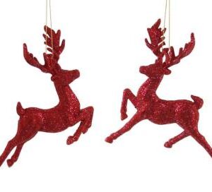 A pair od red glitter leaping reindeer Christmas tree decorations.