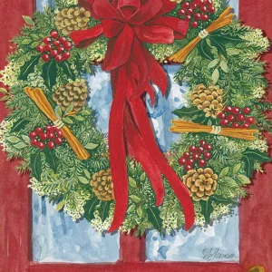 A RED DOOR WREATH fragrance scent sachet. A painting of a Festive Wreath made up of evergreen foliage, pine cones, cinnamon sticke and red berries tied to a red door with a large red ribbon.