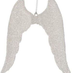 White acrylic Angel wings Christmas tree decoration. These wings are covered in iridescent white glitter and hang from a silver string.