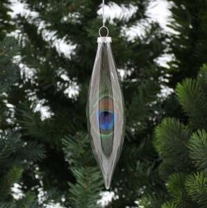 A clear glass teardrop Christmas bauble with a real peacock feather hanging inside.