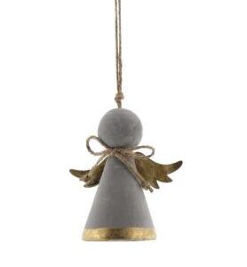 A grey and gold Angel with gold base, ceramic tree decoration, 7cm ornament hanging on a string.