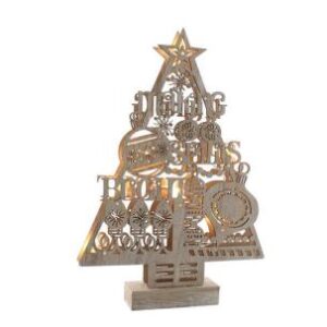 A wooden light up Christmas ornament in the shape of a Christmas tree. The cut out detail includes a star at the top, snowflakes, baubles and fairy lights interspersed amongst the text which reads 'Making Spirits Bright' over three lines. The design is the same on both sides and warm white light can be seen glowing through the gaps in the woodwork.