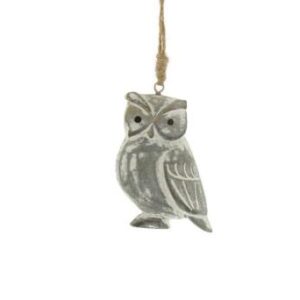 A Concrete-look Owl Christmas tree decoration hanging on a hessian string.