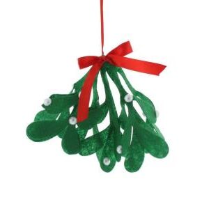 A green felt mistletoe hanging decoraton with with white pearl berries suspended from a red ribbon.