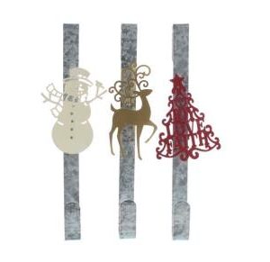 Three brushed metal 'over the door'wreath hangers with metal motifs. The one on the left has a white snowman, the one in the centre has a gold reindeer and the one on the right has a red Christmas tree.