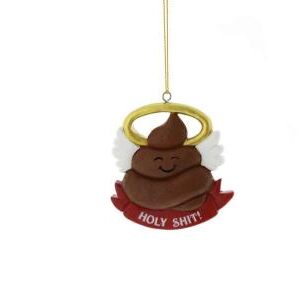 A polyresin Christmas tree decoration in the shape of a brown poo with white angel wings and a gold halo. It sits on a red banner which reads 'HOLY SHIT!'in white text. It hangs from a gold string.