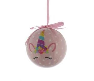 A pink decoupage Christmas tree decoration decorated with white polka dots and a colourful Unicorn face. Hanging from a pink ribbon.