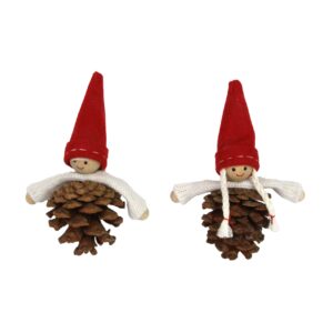 Two nordic style Pinecone People hanging Christmas tree decorations. Their bodies are made from natural pinecones with white woolen arms hanging over the top. On top of their arms they ahve a wooden head with simple happy faces and they are both wearing tall red pointy felt hats. The one on the left has a little blonde fringe poking out from beneath the hat while the one on the right has a pair of white pigtails coming out from beneath their hat.