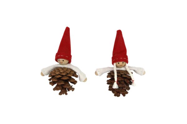 Two nordic style Pinecone People hanging Christmas tree decorations. Their bodies are made from natural pinecones with white woolen arms hanging over the top. On top of their arms they ahve a wooden head with simple happy faces and they are both wearing tall red pointy felt hats. The one on the left has a little blonde fringe poking out from beneath the hat while the one on the right has a pair of white pigtails coming out from beneath their hat.