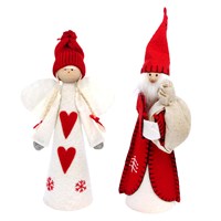 Nordic style Angel and Santa tree toppers. The Angel, on the left, white felt dress is supported with a cardboard cone and adorned with red felt hearts and red embroidered snowflakes. She wears grey mittens beneath her sleeves and her wings are made from a white felt heart. Her pretty wooden face is finished with white thread pigtails and a woolly red hat. Sant , on the right, His body is supported with a cardboard cone covered in white felt. His festive red felt coat is finished with a black blanket stitch around the seams and is decorated with a white embroidered tree. He carries a white hessian sack over his shoulder and his cute wooden face is adorned with his traditional white beard and red felt hat.