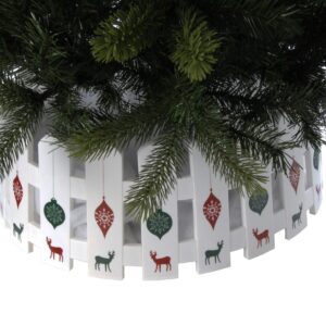 A 54cm x 22cm plastic white picket fence tree skirt decorated with red and green Christmas baubles and reindeer decal.