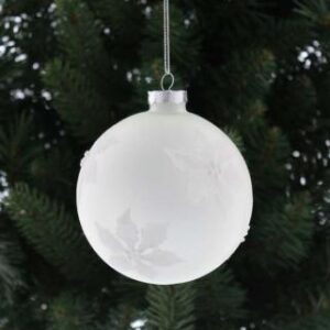 A 10cm frosted white glass Christmas tree bauble decorated with white Poinsettia flowers.