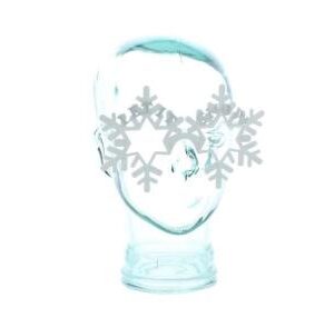 White plastic novelty glasses, each eyepiece is in the shape of a snowflake, across the top of the frames there is text whixh reads 'LET IT SNOW' in silver.