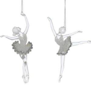 Two sparkly silver glitter coated ballerinas - acrylic ornaments hanging on a white background.