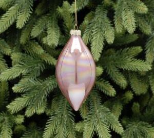 An iridescent dusky pink olive shaped glass Christmas bauble.