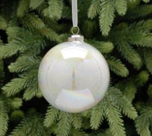 A large white glass Christmas tree bauble finished in a pearlised glitter effect.