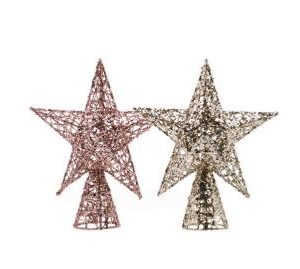 A pair of wire frame star shaped glitter covered Christmas tree toppers. The one on the left is a pale rose pink colour and the one on the right is champagne gold.