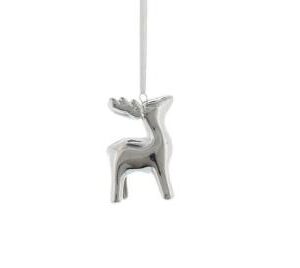 A cute ceramic reindeer hanging Christmas tree decoration decorated in a silver mirror shine finish - looks metallic! Hanging from a white ribbon.