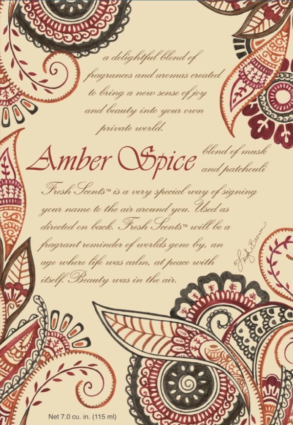 An Amber Spice fragranced scent sachet featuring a border of decorative Paisley patterns in vaious shades of orange, red, black and burgundy on a cream background. In the middle in large burgundy text it reads 'Amber Spice' this text is surrounded by smaller text in brown describing the qualities of the fragrance within.